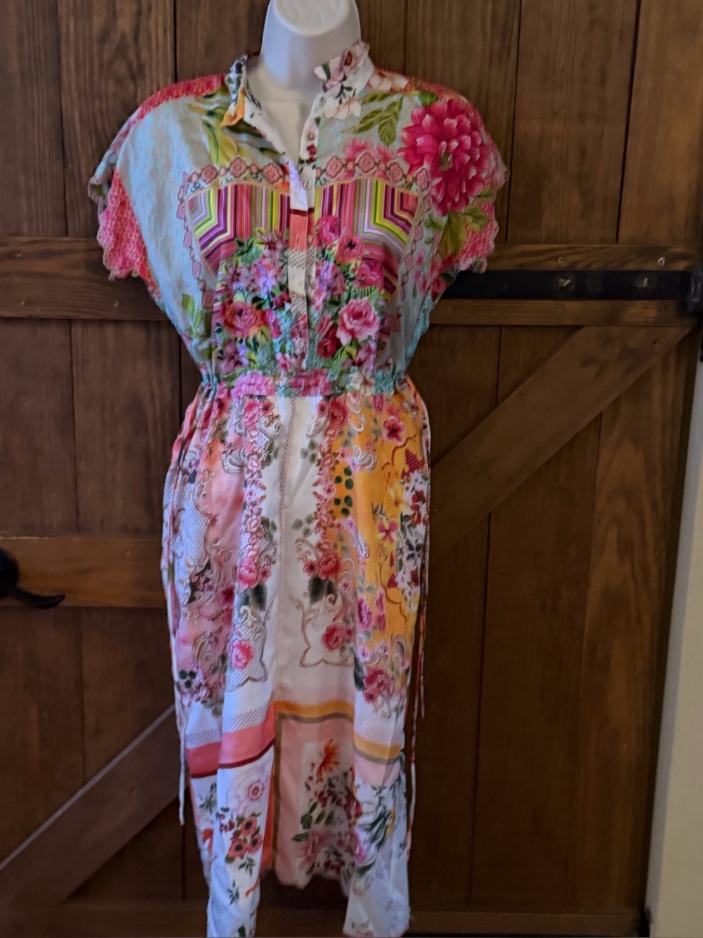 Johnny Was special collection, silk Pink Multi Floral Patchwork Midi Dress